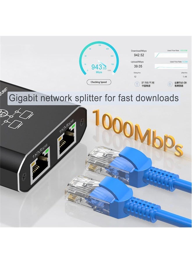 Hihonor - Ethernet Splitter 1 to 2 Out, with USB Power Cable, RJ45 Internet Splitter Adapter 1000Mbps High Speed for Cat 5/5e/6/7/8 Cable, Support Two Devices Working Simultaneously(Black) - Image 1