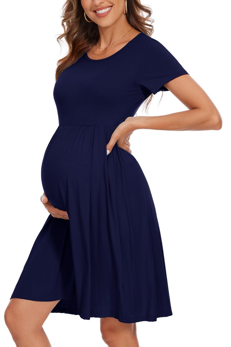 WOOXIO Womens Short Sleeve Maternity Dress Patchwork Pregnancy Clothes with Pockets MediumNavy