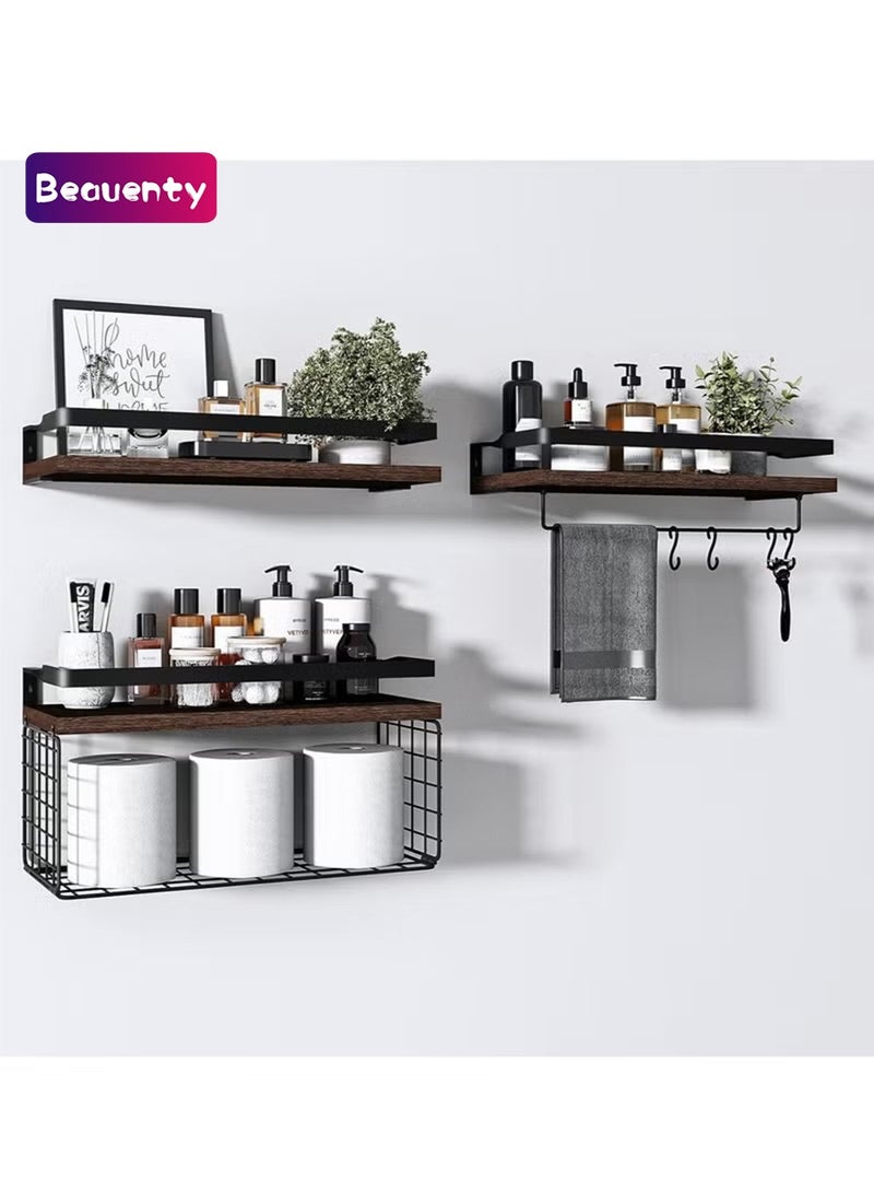 Beauenty Floating Shelves, Rustic Bathroom Shelves Over Toilet with Paper Storage Basket - Farmhouse Wall Mounted Shelves Floating Shelf for Bathroom Bedroom Wall Decor Living Room Kitchen (3-Brown) - Image 1