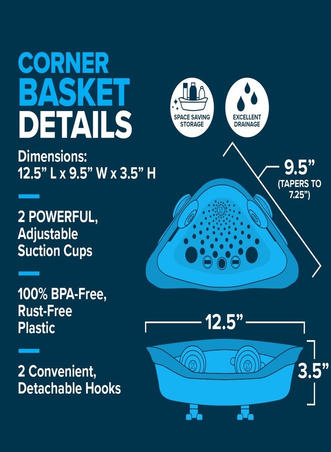 SlipX Solutions Corner Shower Basket Caddy, Sturdy Storage Organizer, Adjustable Power Lock Suction Cups, 2 Hooks, Holds up to 22 Pounds, Tool Free, Drill Free, Removeable (White) - Image 3