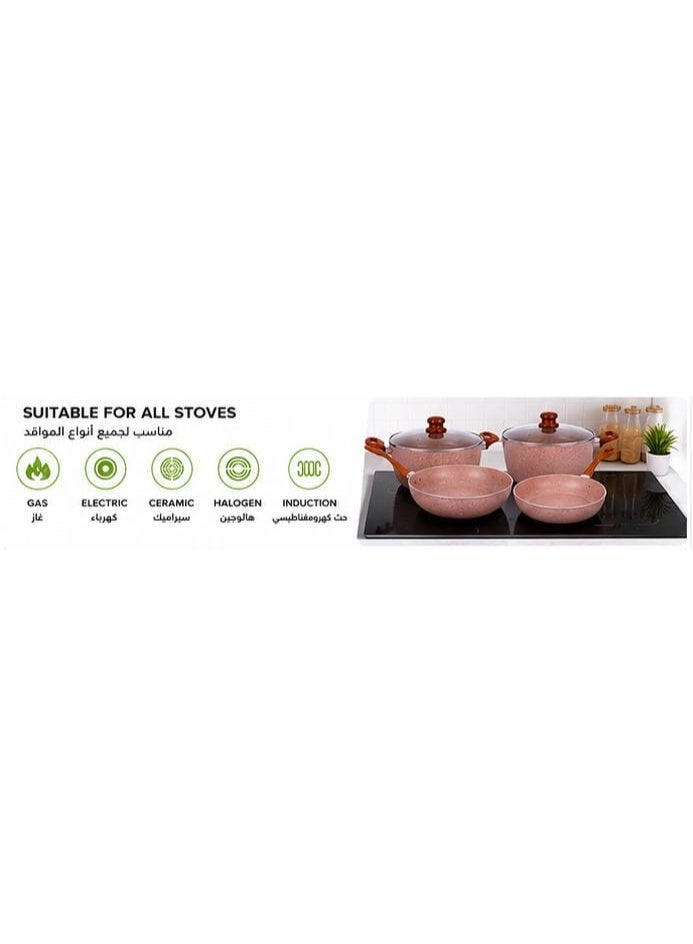 طقم أواني طهي جرانيت 11 قطعة | قدور ومقالي غير لاصقة مع أغطية زجاجية ومقلاة ومقلاة عميقة و5 أدوات مطبخ | مناسب لجميع المواقد | وردي - Image 5