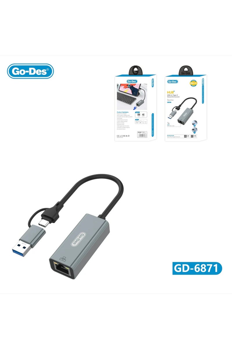 GO-DES USB-C USB-A to RJ45 Gigabit Ethernet Adapter 2in1 Network Converter Cable for Laptop Desktop Switch - Image 1