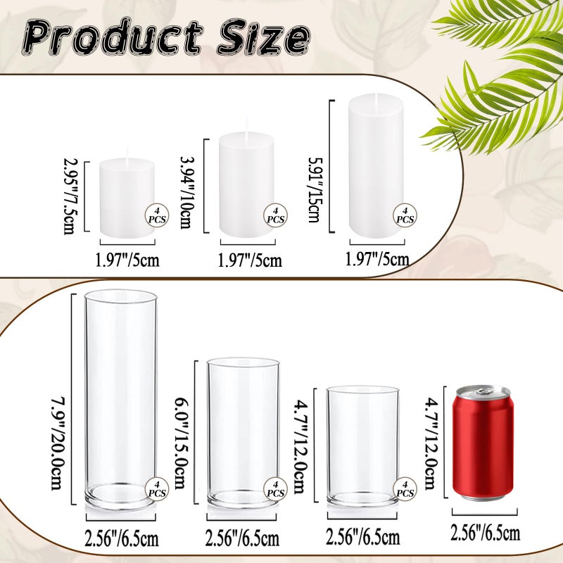 UDU 24 PCS White Pillar Candles with Glass Cylinder Vases Hurricane Glass Candle Holders for Pillar Candles Cylinder Vases for Centerpieces Wedding Table Party Home Decor - Image 3