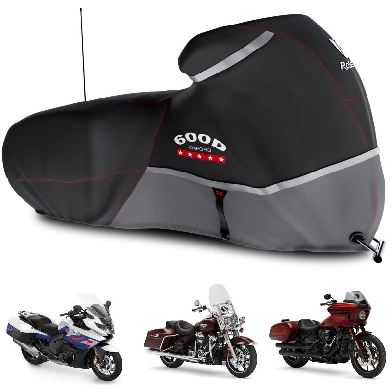 Rosefray Motorcycle Cover 600D Waterproof for Touring Models Harley Davidson Road KingRoad GlideStreet Glide Electra GlideLow RiderST Indoor Outdoor Storage Gray