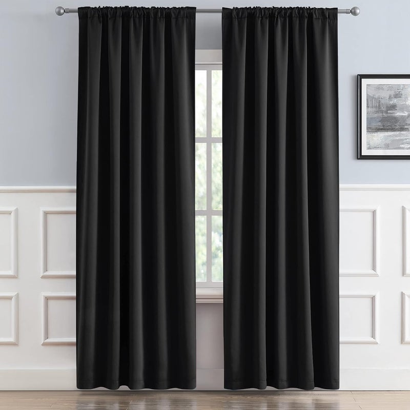 Black Out Curtain Panels Tab Back and Rod Pocket, Sundproof Thermal Insulated Long Black Solid Curtains/Drapes for Sliding Glass Door Hall/Dining Room, 52 Wide by 90 Inches Long, Set of 2 - Image 2