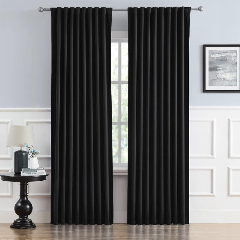 Black Out Curtain Panels Tab Back and Rod Pocket, Sundproof Thermal Insulated Long Black Solid Curtains/Drapes for Sliding Glass Door Hall/Dining Room, 52 Wide by 90 Inches Long, Set of 2 - Image 1