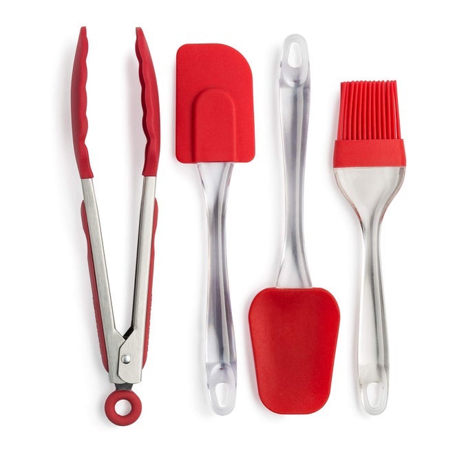 UTENSILS SET NONSTICK COOKWARE SAFE AND HEAT RESISTANT FOR COOKING BAKING AND MIXING 4 PIECE SILICONE TOOL RED