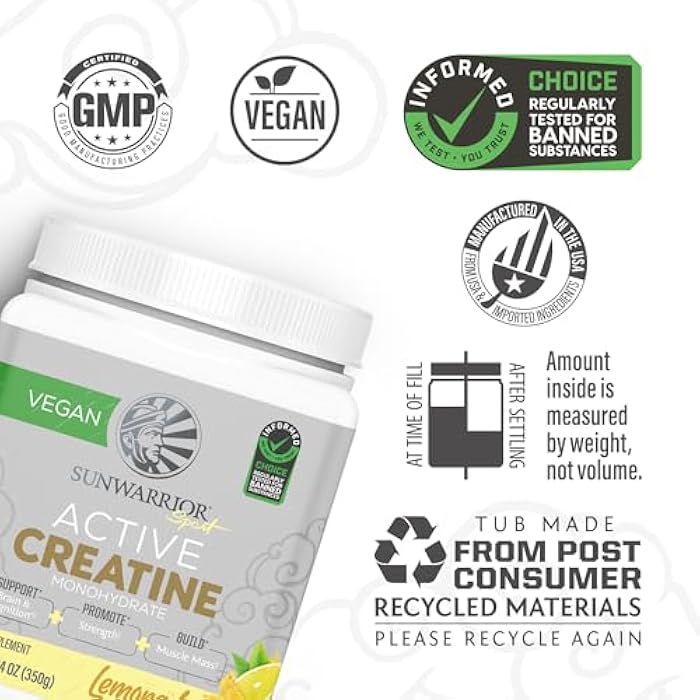 Sunwarrior Creatine Monohydrate Powder Micronized PreWorkout Recovery Supplement Support Muscle Building Strength Training Cognition Vegan & Keto Friendly, Easily Mixes 50 Servings Lemonade Flavored - Image 3