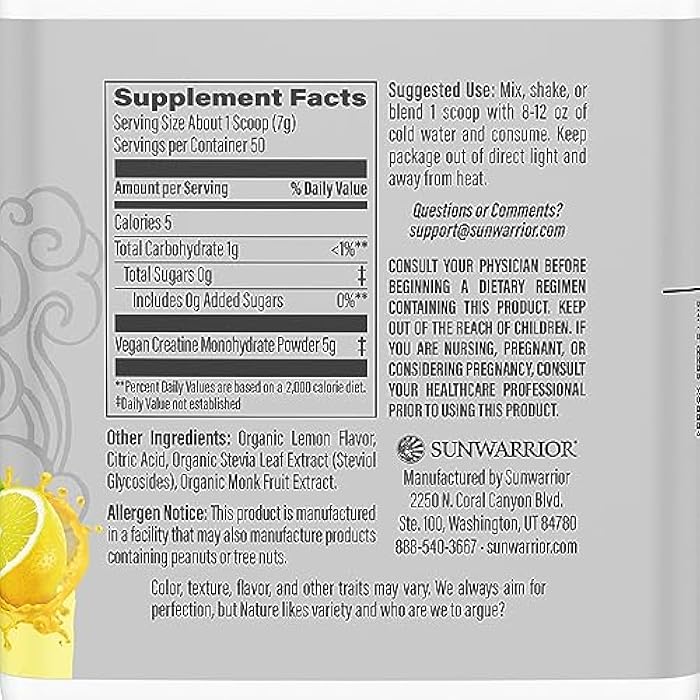 Sunwarrior Creatine Monohydrate Powder Micronized PreWorkout Recovery Supplement Support Muscle Building Strength Training Cognition Vegan & Keto Friendly, Easily Mixes 50 Servings Lemonade Flavored - Image 2