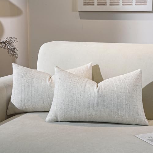 QDTTSRY Decorative Neutral Striped Lumbar Throw Pillow Covers Set of 2-20x12 Inch Boho Farmhouse Pillow Covers, Breathable & Soft Neutral Linen Blend Cushion Covers for Couch Sofa Bedroom Living Room - Image 1