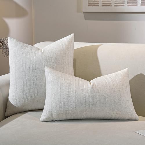QDTTSRY Decorative Neutral Striped Lumbar Throw Pillow Covers Set of 2-20x12 Inch Boho Farmhouse Pillow Covers, Breathable & Soft Neutral Linen Blend Cushion Covers for Couch Sofa Bedroom Living Room - Image 2