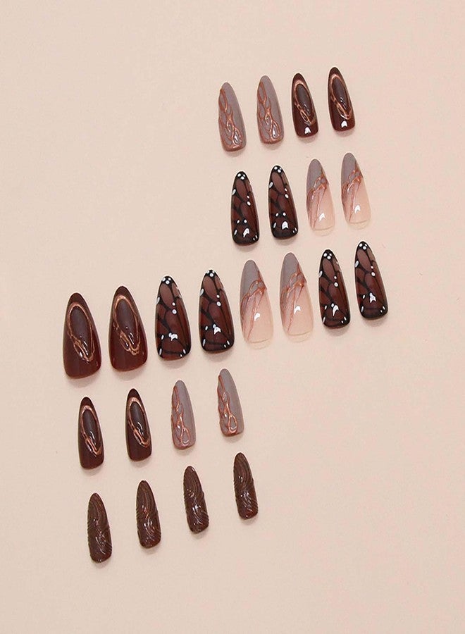 QQPPOLIU Buttterfly Press on Nails Medium Almond Fake Nails Brown Press on False Nails with Butterfly and Striped Design Fall Nails for Women 24pcs - Image 4