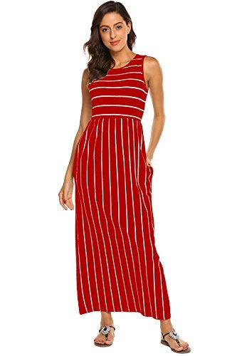 Hount Women's Summer Sleeveless Striped Flowy Casual Long Maxi Dress with Pockets (Red, Large) - Image 3