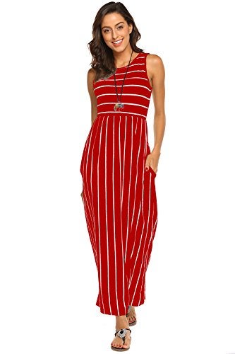 Hount Women's Summer Sleeveless Striped Flowy Casual Long Maxi Dress with Pockets (Red, Large) - Image 2