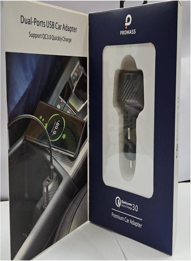 بروماس محول سيارة بمنفذين USB، مخرج 30 وات، شاحن سريع QC3.0 وات، لون أسود - Image 1