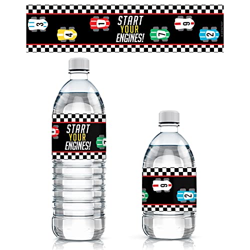 DISTINCTIVS Race Car Birthday Party Water Bottle Labels, Let's Go Racing Racecar Stickers for Water Bottles - 20 Count - Image 1