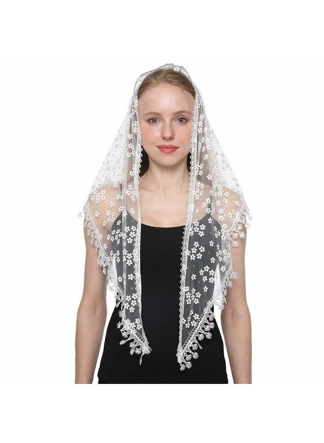 LMVERNA Triangle Floral Church Scarf Covering Church Tulle Veil for Mass Wedding Bridesmaids (White2) - Image 1