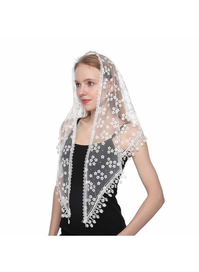LMVERNA Triangle Floral Church Scarf Covering Church Tulle Veil for Mass Wedding Bridesmaids (White2) - Image 2