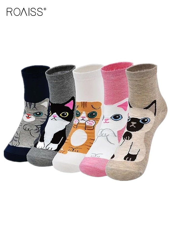 Women's 5 Pairs Crew Socks Casual Cotton Cute Socks Fun Novelty Girl Embroidered Animal Funny Ankle Socks Soft Multipairs Ankle Socks 5 Pack Breathable