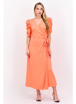Y.A.S Women Plain Wrap Dress, Bright Orange  - Image 1