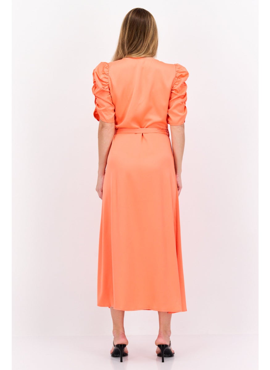 Y.A.S - Women Plain Wrap Dress, Bright Orange - Image 1