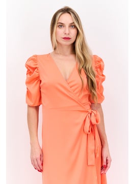 Y.A.S Women Plain Wrap Dress, Bright Orange  - Image 2