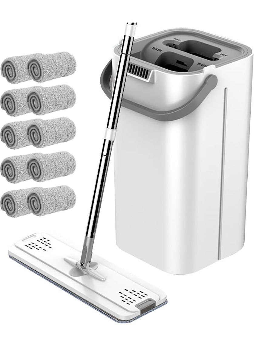 Microfiber Flat Mop With Bucket Cleaning Squeeze Hand Free Floor Mop 10 Reusable Mop Pads Stainless Steel Handle 360 Rotating Head Squeeze Flat Mop Set, z476