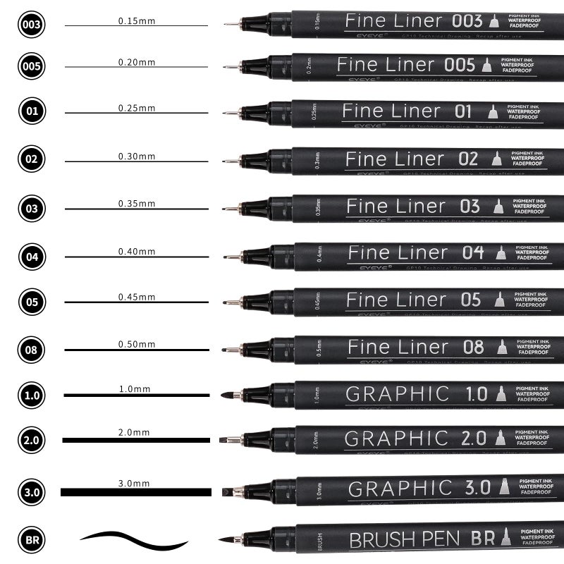 EYEYE Micro Fineliner Pens, Black Drawing Art Pens,12 Archival Pen Waterproof Ink Set Artist Supplies Archival Inking Markers Sketch Outline Pen, Precision Drawing and Sketching Kit - Image 1