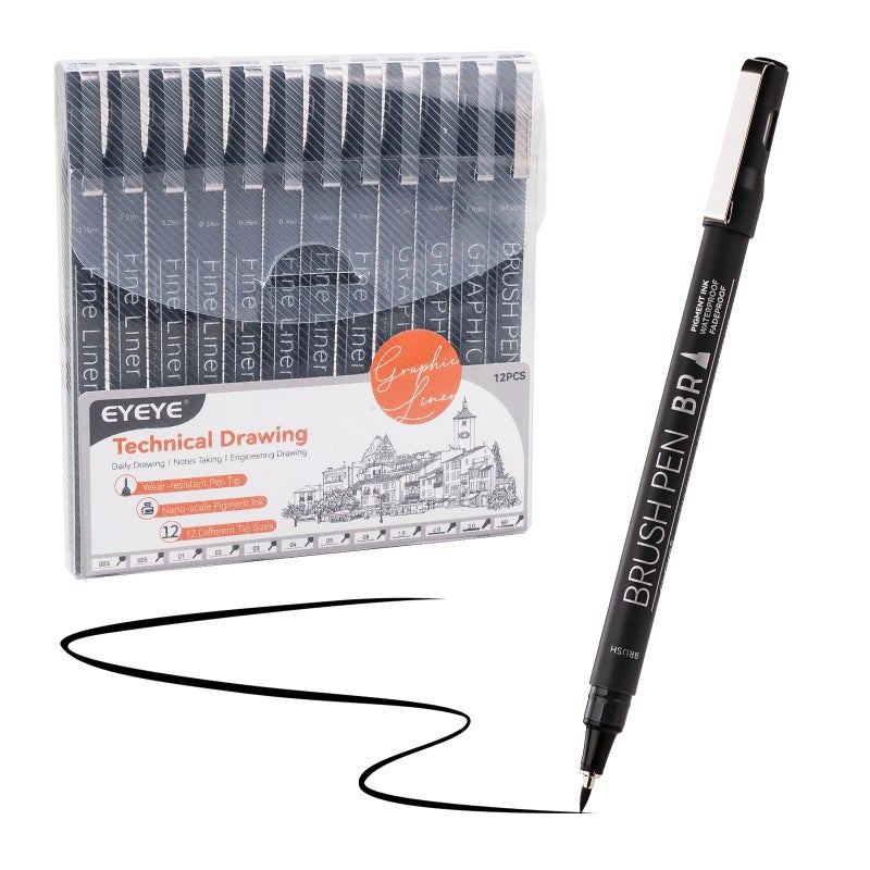 EYEYE Micro Fineliner Pens, Black Drawing Art Pens,12 Archival Pen Waterproof Ink Set Artist Supplies Archival Inking Markers Sketch Outline Pen, Precision Drawing and Sketching Kit - Image 2