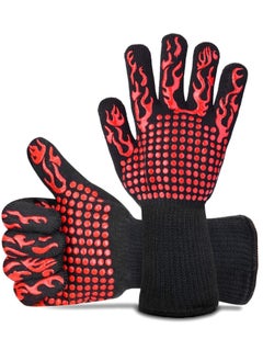 BBQ Gloves, 800°C Extremely Heat Resistant Gloves Kitchen Oven Cut Non-Slip Flexible for BBQ, Baking, Cooking, Soldering (Red)