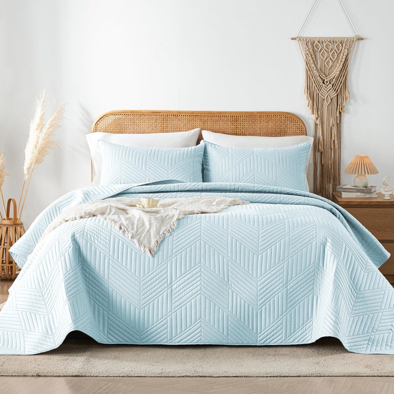 Davulos Queen Quilt Bedding Set,Aqua Blue Ultrasonic Full/Queen Quilt Set Reversible Microfiber Bedspread,Lightweight Soft Modern Geometric Coverlet Set for All Seasons(1 Quilt,2 Pillow Shams) - Image 1