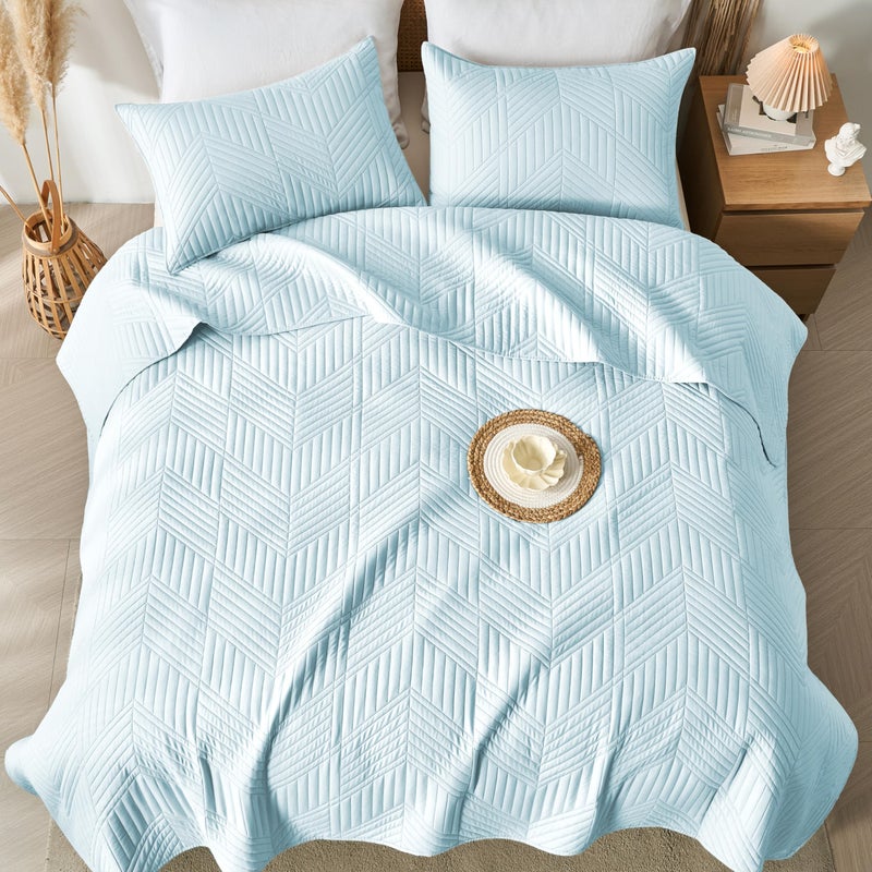 Davulos Queen Quilt Bedding Set,Aqua Blue Ultrasonic Full/Queen Quilt Set Reversible Microfiber Bedspread,Lightweight Soft Modern Geometric Coverlet Set for All Seasons(1 Quilt,2 Pillow Shams) - Image 4
