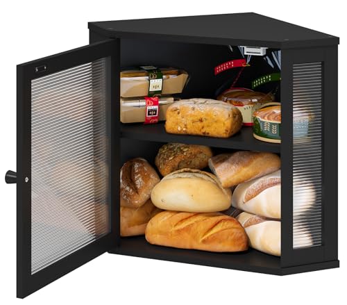 viewcare Corner Bread Box for Kitchen Counter, Bamboo Wood Black Bread Box, Large Capacity Bread Storage Bin with Acrylic Wavy Door Panel (Black, Meduim) - Image 3