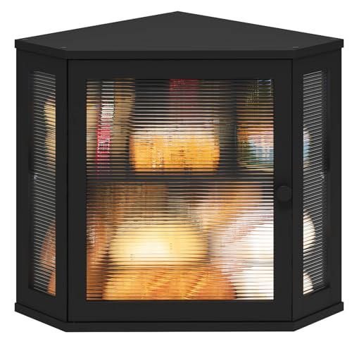 viewcare Corner Bread Box for Kitchen Counter, Bamboo Wood Black Bread Box, Large Capacity Bread Storage Bin with Acrylic Wavy Door Panel (Black, Meduim) - Image 1