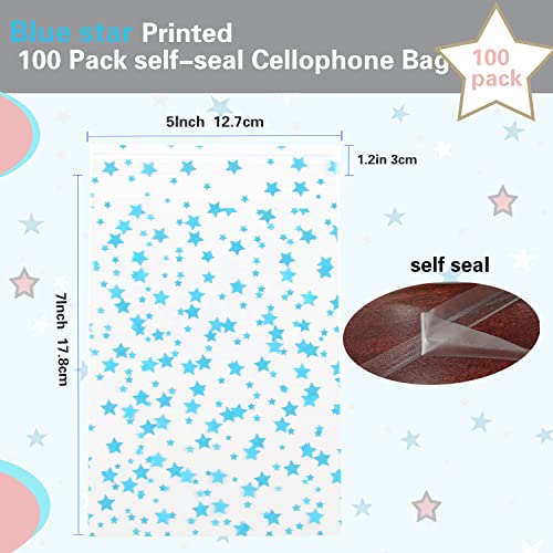 COQOFA 100 Pcs 5x7 In Star Self-Sealing Cellophane Treat Bags, Clear Cookie Bags Candy Bags Resealable Cellophane Gift Bags Goodie Bags Plastic Party Favor Bags for Wedding,Birthday,Baby Shower (Blue) - Image 2