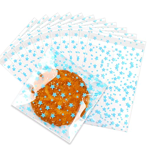COQOFA 100 Pcs 5x7 In Star Self-Sealing Cellophane Treat Bags, Clear Cookie Bags Candy Bags Resealable Cellophane Gift Bags Goodie Bags Plastic Party Favor Bags for Wedding,Birthday,Baby Shower (Blue) - Image 1