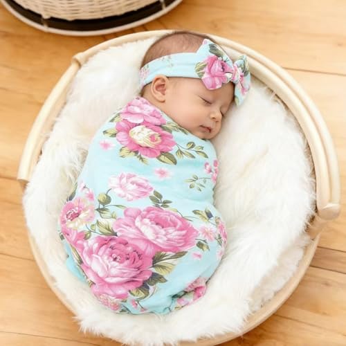 Galabloomer Newborn Cotton Headband Set Flower Print Swaddle Receiving Blankets - Single - Image 2