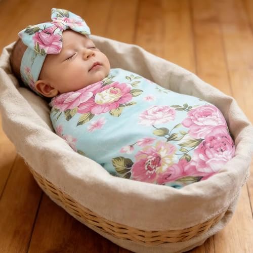 Galabloomer Newborn Cotton Headband Set Flower Print Swaddle Receiving Blankets - Single - Image 3