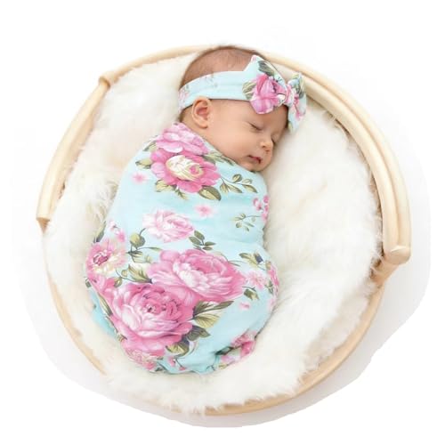 Galabloomer Newborn Cotton Headband Set Flower Print Swaddle Receiving Blankets - Single - Image 1