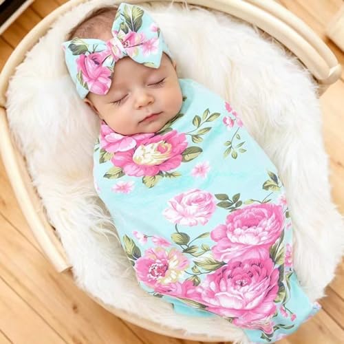 Galabloomer Newborn Cotton Headband Set Flower Print Swaddle Receiving Blankets - Single - Image 4