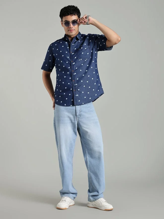 Kuons Avenue  KUONS AVENUE Men Blue Denim Print Short Sleeve Shirt for Men | Best Price UAE