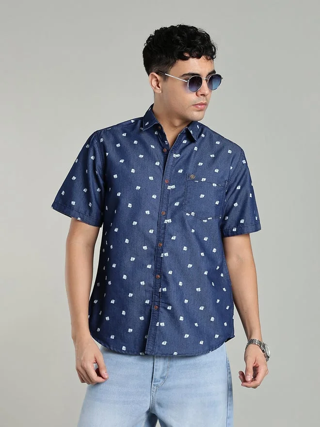 Kuons Avenue  KUONS AVENUE Men Blue Denim Print Short Sleeve Shirt for Men | Best Price UAE