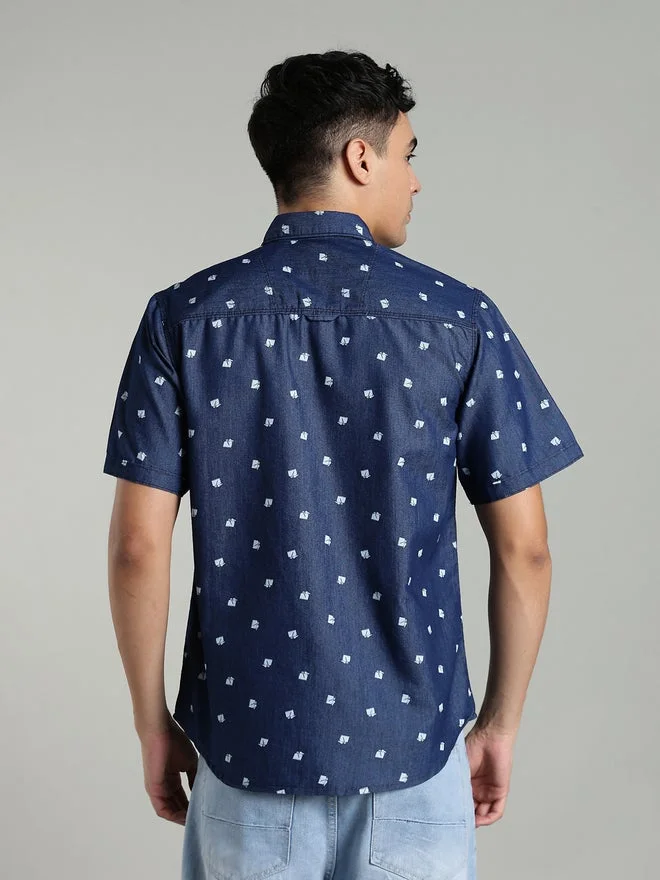 Kuons Avenue  KUONS AVENUE Men Blue Denim Print Short Sleeve Shirt for Men | Best Price UAE