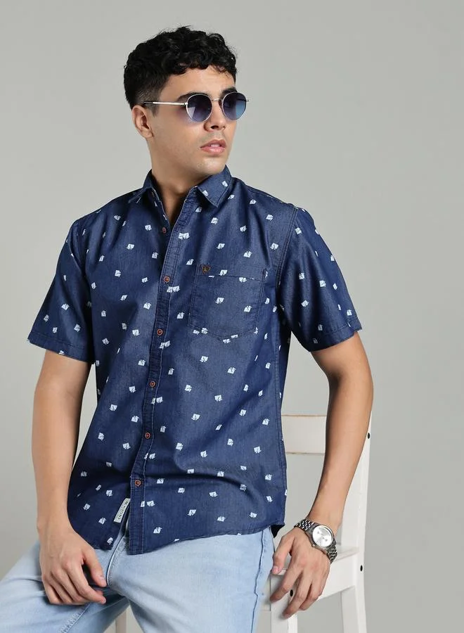 Kuons Avenue  KUONS AVENUE Men Blue Denim Print Short Sleeve Shirt for Men | Best Price UAE