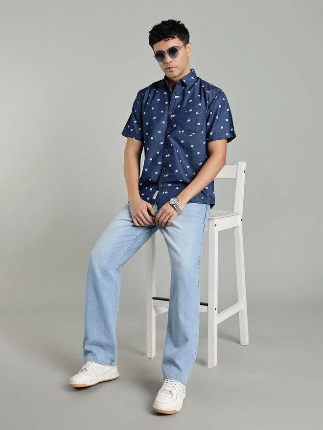 Kuons Avenue  KUONS AVENUE Men Blue Denim Print Short Sleeve Shirt for Men | Best Price UAE