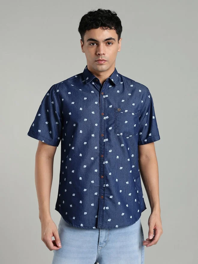 Kuons Avenue  KUONS AVENUE Men Blue Denim Print Short Sleeve Shirt for Men | Best Price UAE