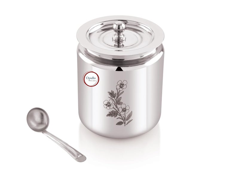 Opullo Mothers Choice Stainless Steel Ghee Pot with Spoon Stainless Steel Oil Containers for Kitchen Oil Containers for Kitchen Steel Laser Design Ghee Container with Spoon 500 Ml - Image 1