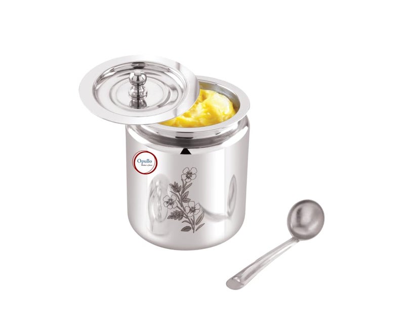 Opullo Mothers Choice Stainless Steel Ghee Pot with Spoon Stainless Steel Oil Containers for Kitchen Oil Containers for Kitchen Steel Laser Design Ghee Container with Spoon 500 Ml - Image 2