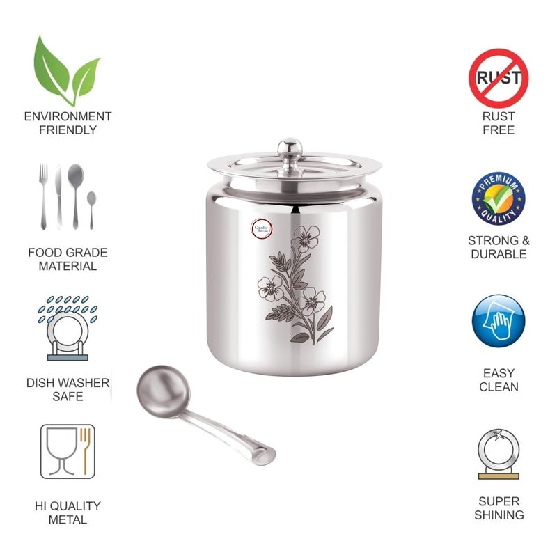 Opullo Mothers Choice Stainless Steel Ghee Pot with Spoon Stainless Steel Oil Containers for Kitchen Oil Containers for Kitchen Steel Laser Design Ghee Container with Spoon 500 Ml - Image 5