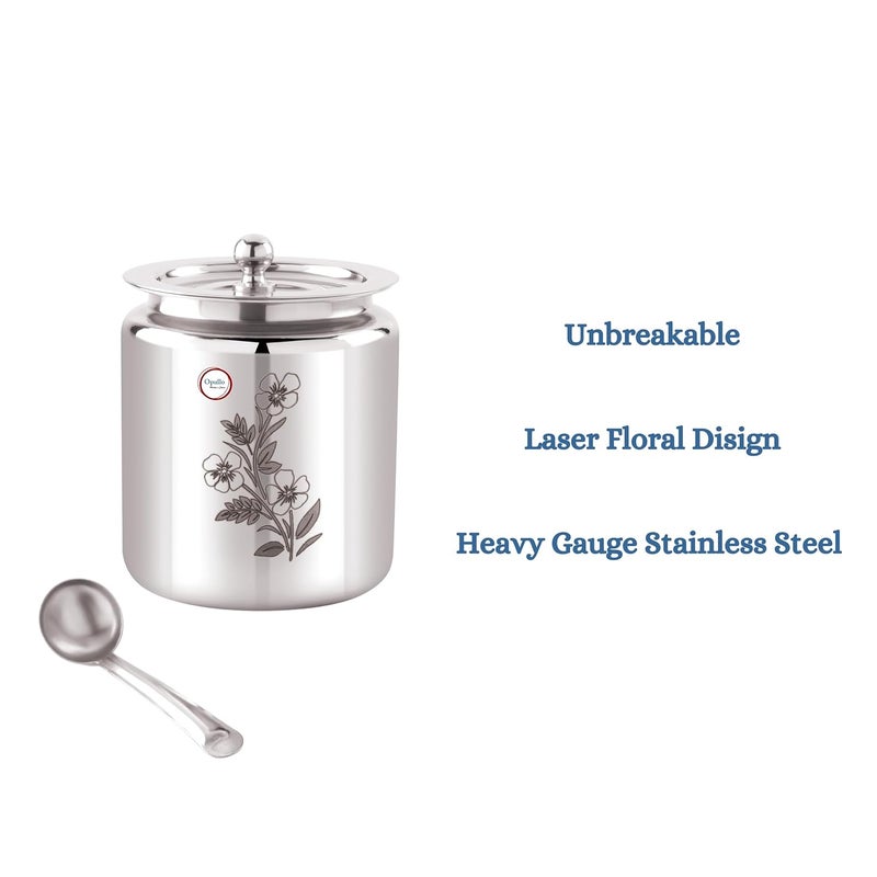 Opullo Mothers Choice Stainless Steel Ghee Pot with Spoon Stainless Steel Oil Containers for Kitchen Oil Containers for Kitchen Steel Laser Design Ghee Container with Spoon 500 Ml - Image 4